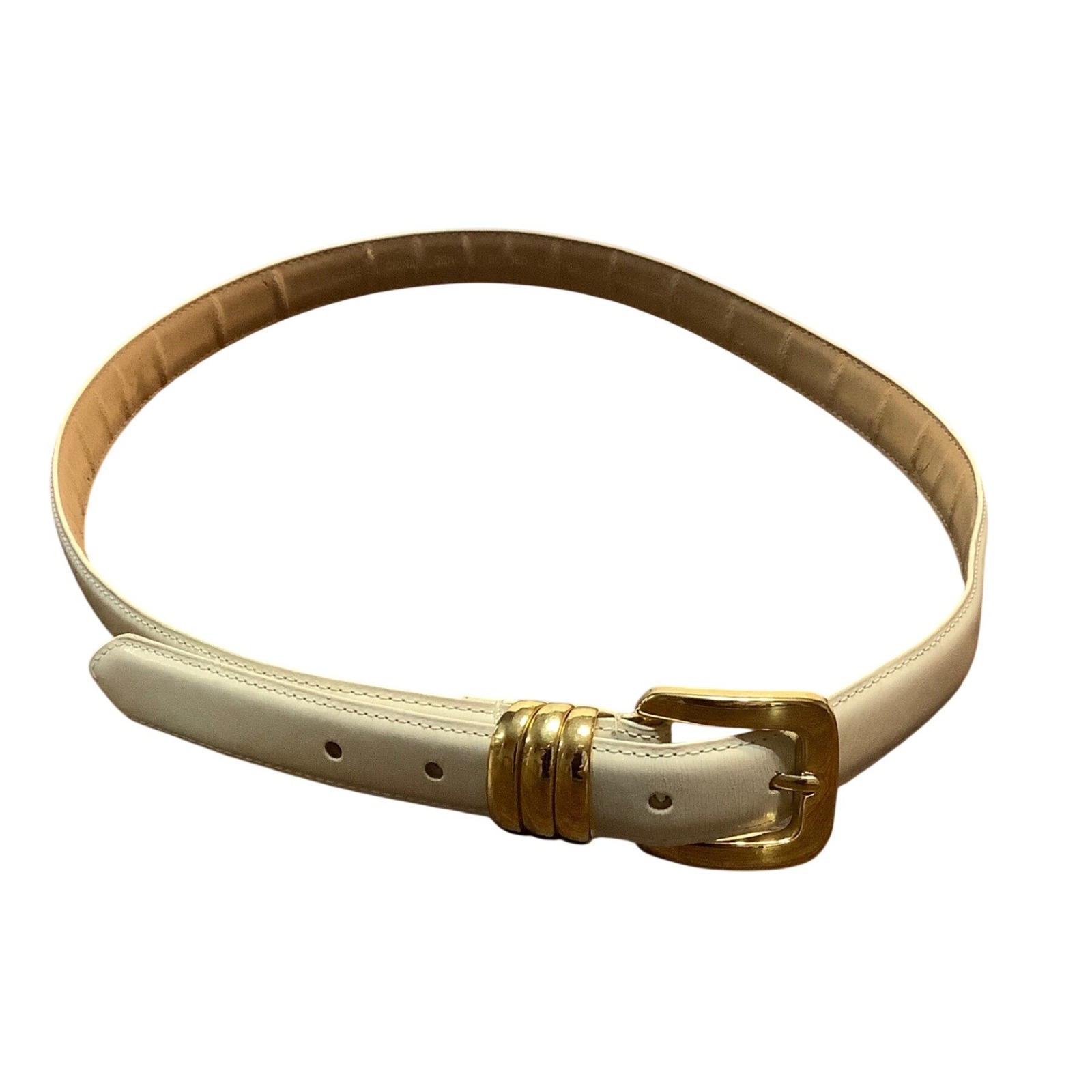 Vintage Cream Bonded Leather Belt Gold Buckle Triple Ring Keeper Xl Off White